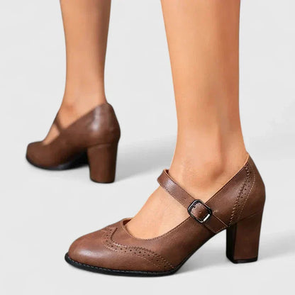 Momount Damen Mary-Jane-Pumps mit Blockabsatz – Leder Budapester Runde Zehe Schnalle