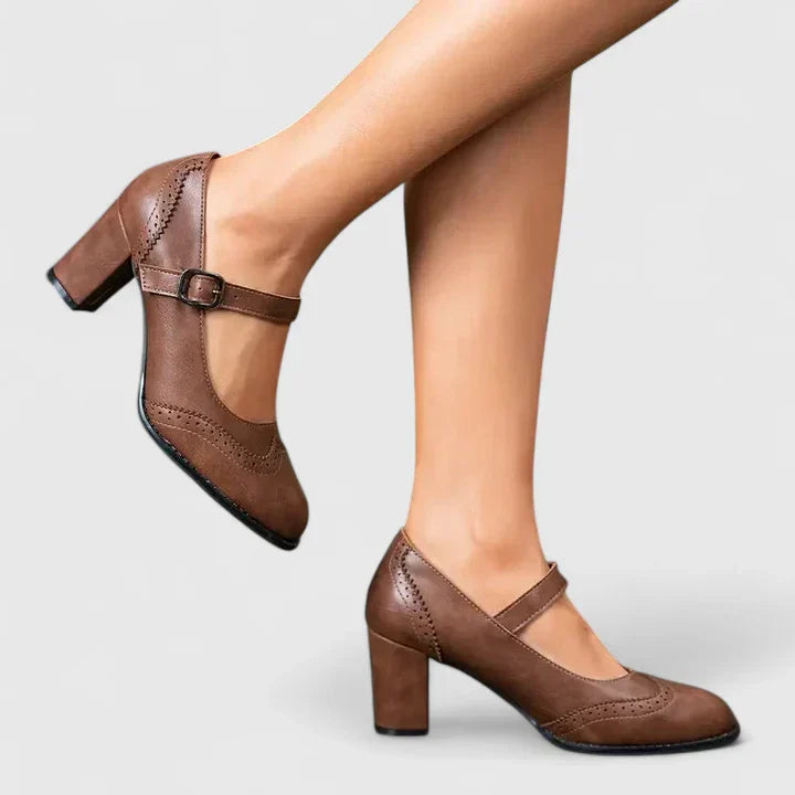 Momount Damen Mary-Jane-Pumps mit Blockabsatz – Leder Budapester Runde Zehe Schnalle