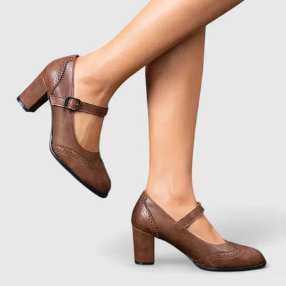 Momount Damen Mary-Jane-Pumps mit Blockabsatz – Leder Budapester Runde Zehe Schnalle