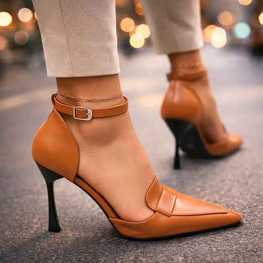 Momount Damen Stiletto-Pumps – Leder, spitze Spitze, Knöchelriemen, Slingback