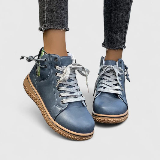 Momount Damen High-Top-Sneaker-Stiefel – Leder Schnürung Seitlicher Reißverschluss Kreppsohle