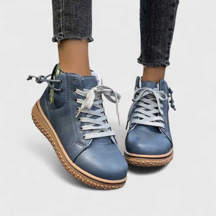 Momount Damen High-Top-Sneaker-Stiefel – Leder Schnürung Seitlicher Reißverschluss Kreppsohle