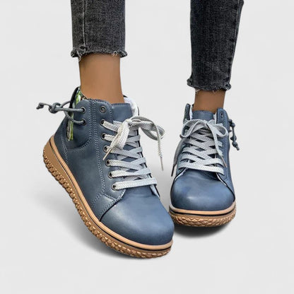 Momount Damen High-Top-Sneaker-Stiefel – Leder Schnürung Seitlicher Reißverschluss Kreppsohle