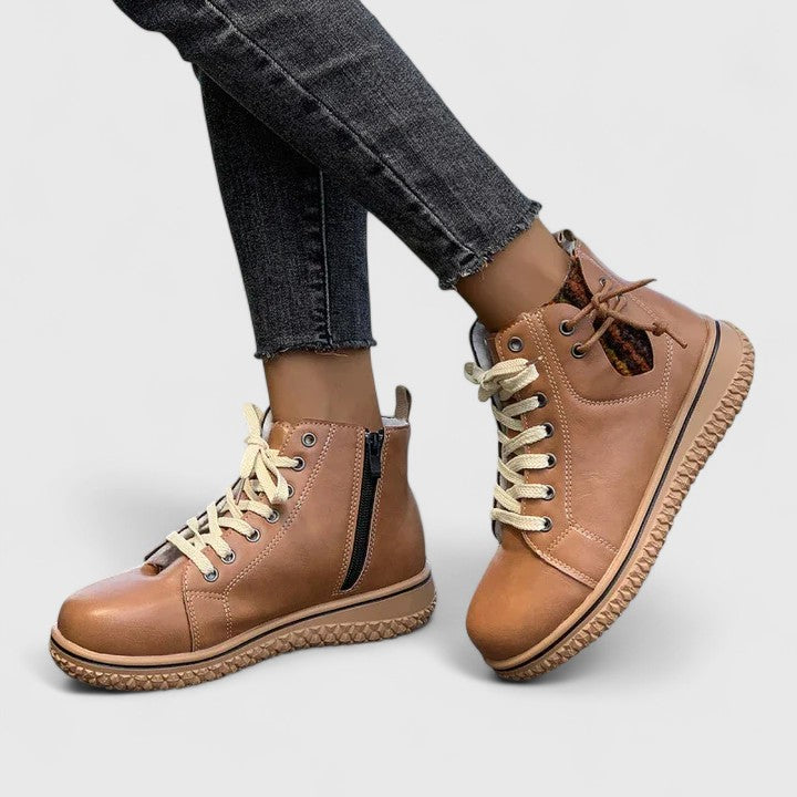 Momount Damen High-Top-Sneaker-Stiefel – Leder Schnürung Seitlicher Reißverschluss Kreppsohle