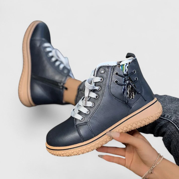 Momount Damen High-Top-Sneaker-Stiefel – Leder Schnürung Seitlicher Reißverschluss Kreppsohle