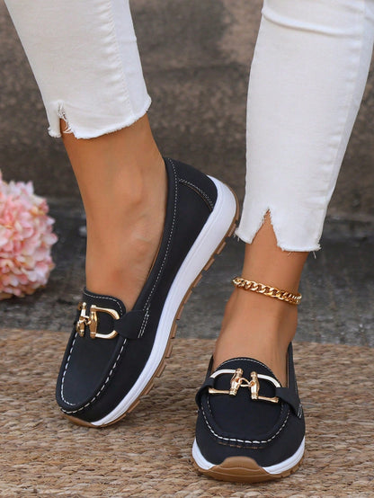 Momount Damen Wildleder-Loafer – goldenes Trensendetail, Plattform, bequemer Slipper