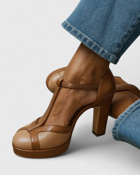 Momount Damen Plateau-Pumps mit T-Steg – zweifarbiges Leder, Blockabsatz, Knöchelriemen