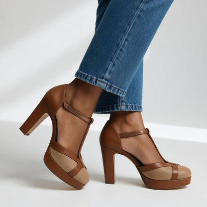 Momount Damen Plateau-Pumps mit T-Steg – zweifarbiges Leder, Blockabsatz, Knöchelriemen