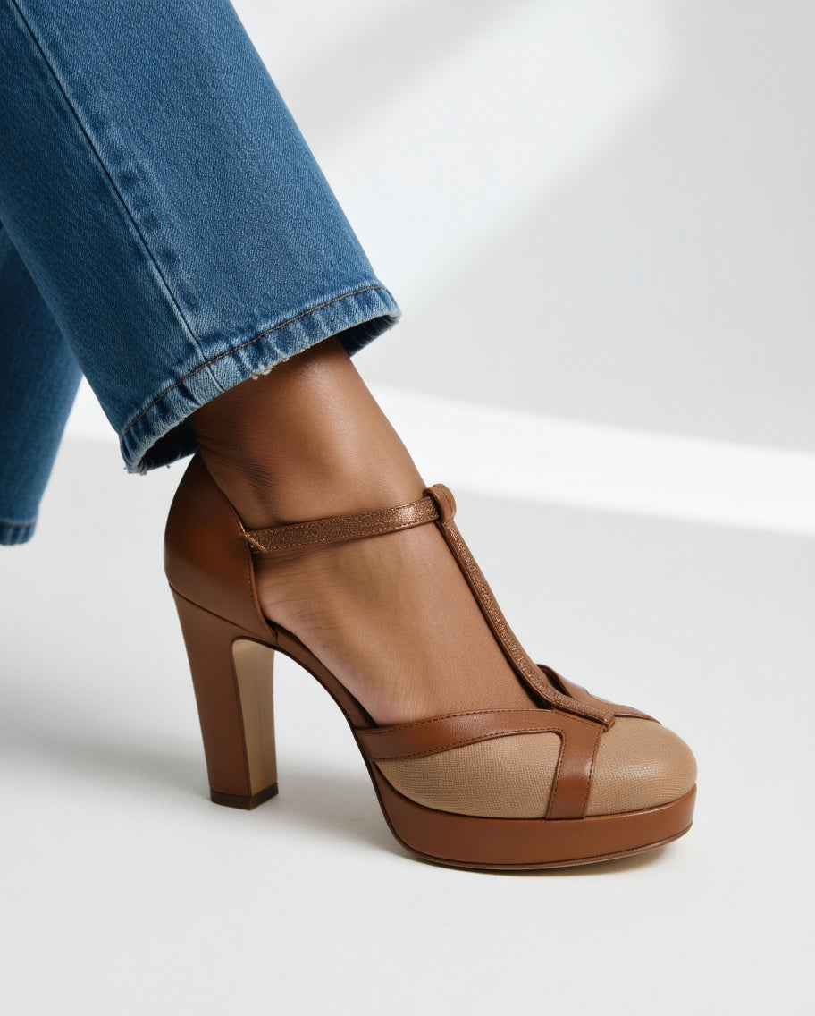 Momount Damen Plateau-Pumps mit T-Steg – zweifarbiges Leder, Blockabsatz, Knöchelriemen
