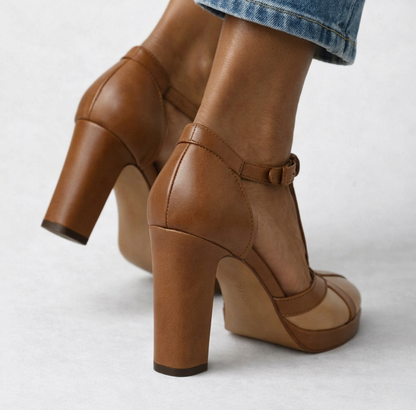 Momount Damen Plateau-Pumps mit T-Steg – zweifarbiges Leder, Blockabsatz, Knöchelriemen
