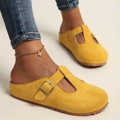 Momount Damen Wildleder-Clogs mit T-Steg – Schnalle, Mule, geschlossene Spitze, Korkfußbett