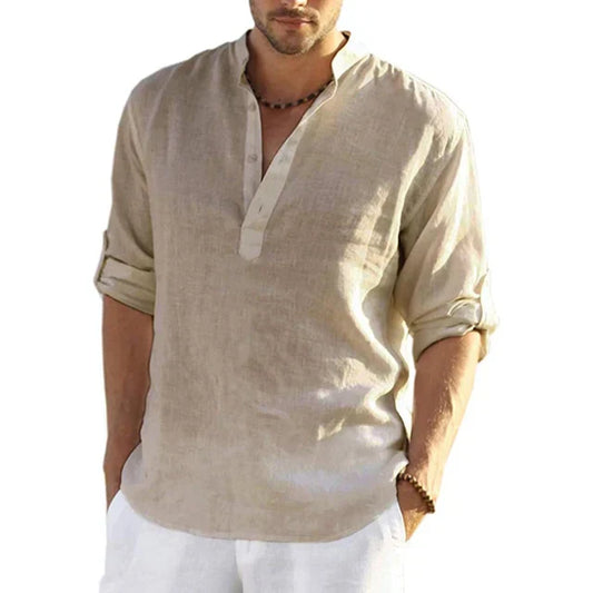 Momount Men Linen Henley Shirt – Long Sleeve Roll Tab Sleeve Casual