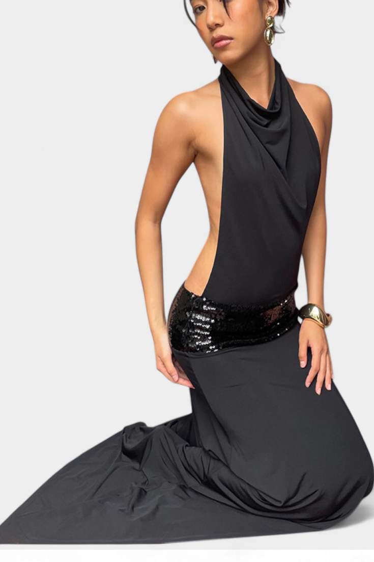 Momount Women’s Summer Maxi Dress – Sleeveless Halter Neck Draped Elegant Party Dress