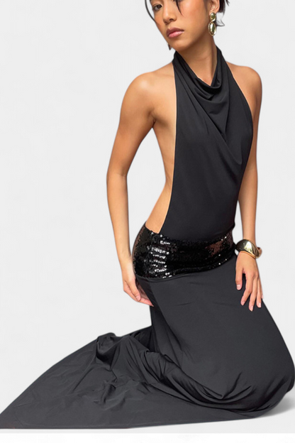 Momount Women’s Summer Maxi Dress – Sleeveless Halter Neck Draped Elegant Party Dress