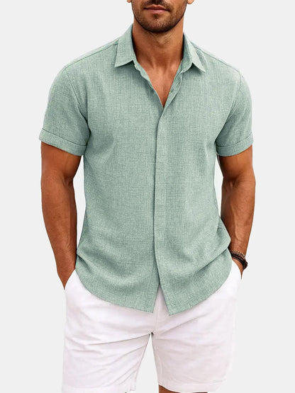 Momount Men Linen Shirt – Short Sleeve Turn Down Collar Cotton Blend Casual