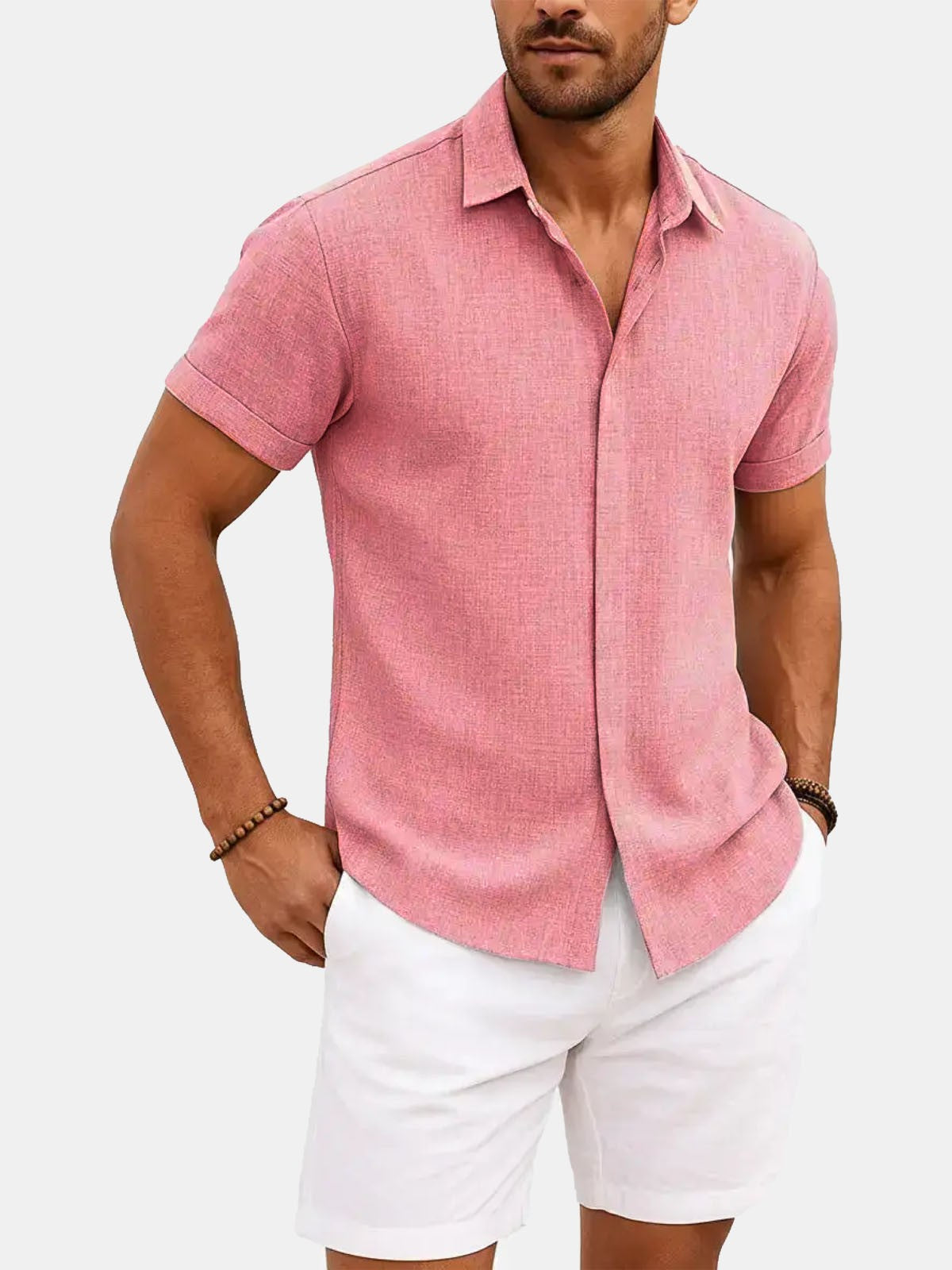 Momount Men Linen Shirt – Short Sleeve Turn Down Collar Cotton Blend Casual