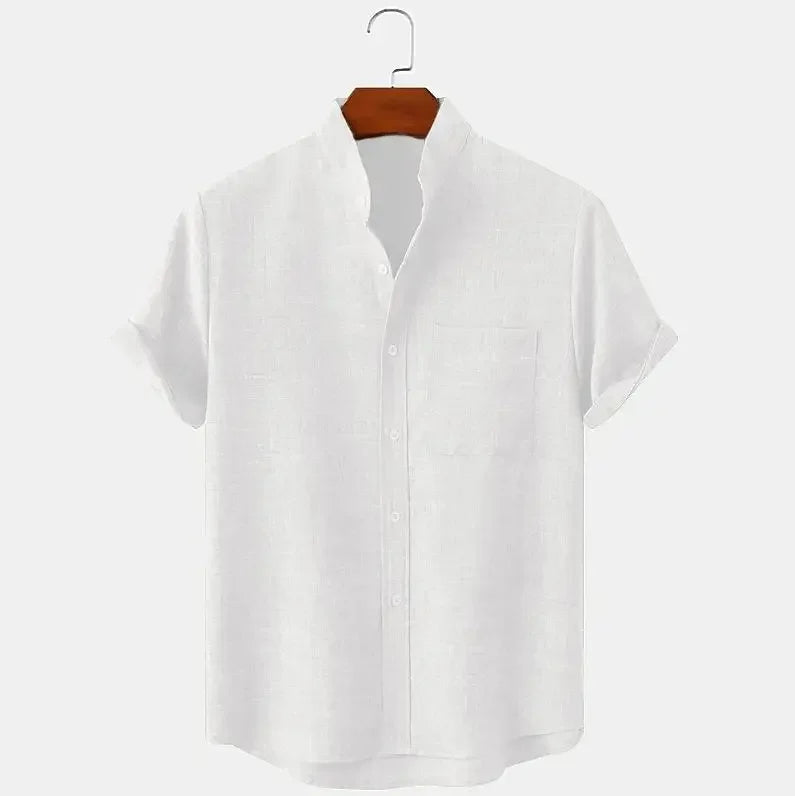 Momount Men Linen Shirt – Short Sleeve Band Collar Chest Pocket Summer