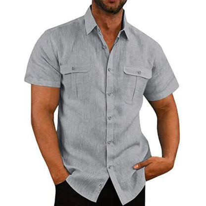Momount Men Linen Shirt – Short Sleeve Double Chest Pocket Utility Casual