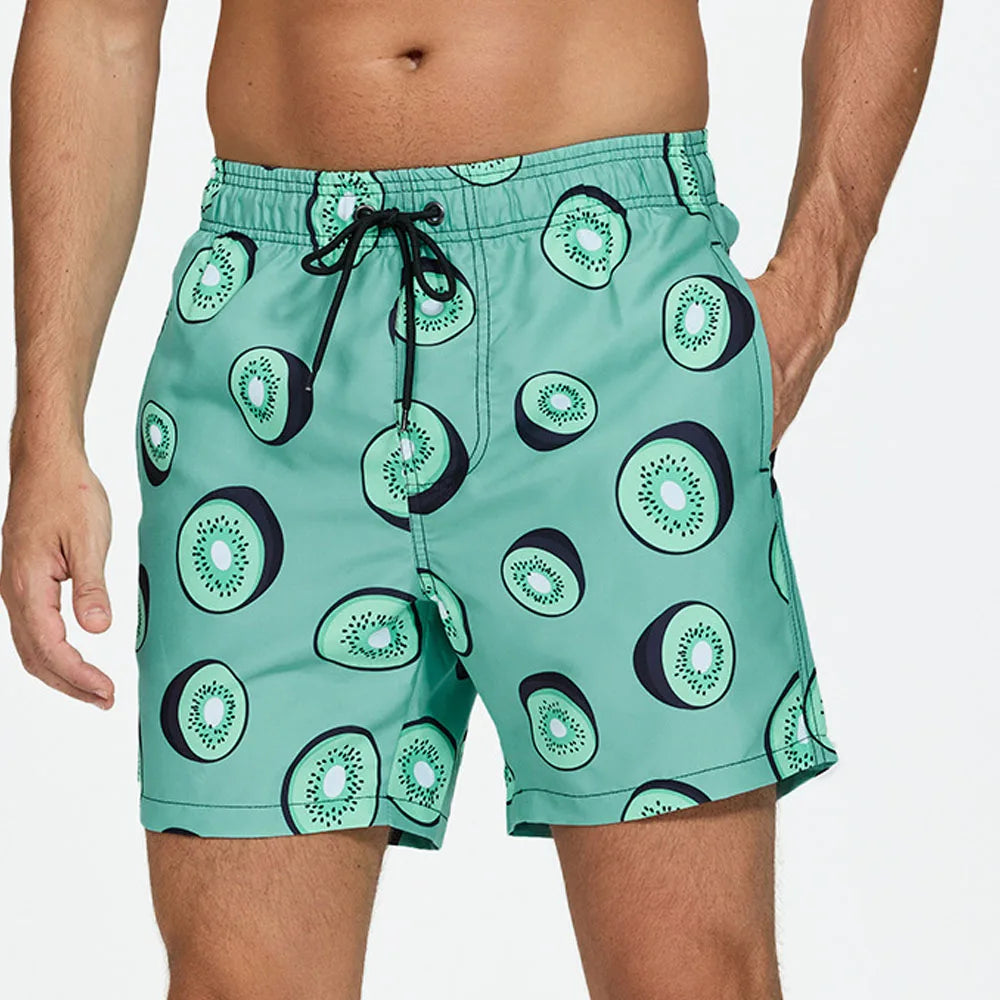 Momount Men Swim Shorts – Kiwi Print Drawstring Quick Dry Mid Length