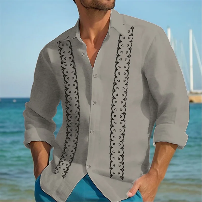 Momount Men Guayabera Linen Shirt – Long Sleeve Embroidered Panels Beach