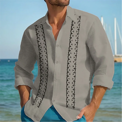 Momount Men Guayabera Linen Shirt – Long Sleeve Embroidered Panels Beach