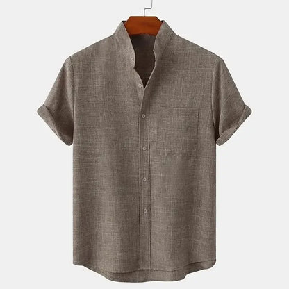 Momount Men Linen Shirt – Short Sleeve Band Collar Chest Pocket Summer