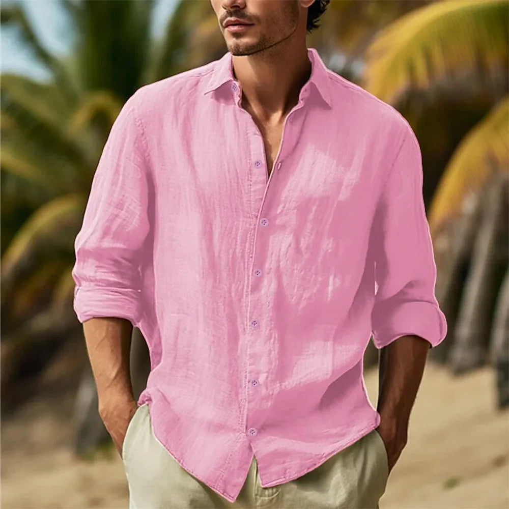 Momount Men Linen Shirt – Long Sleeve Button Up Relaxed Fit Beach