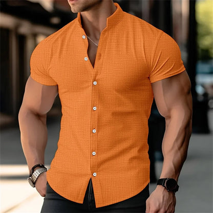Momount Men Linen Shirt – Short Sleeve Band Collar Button Up Summer
