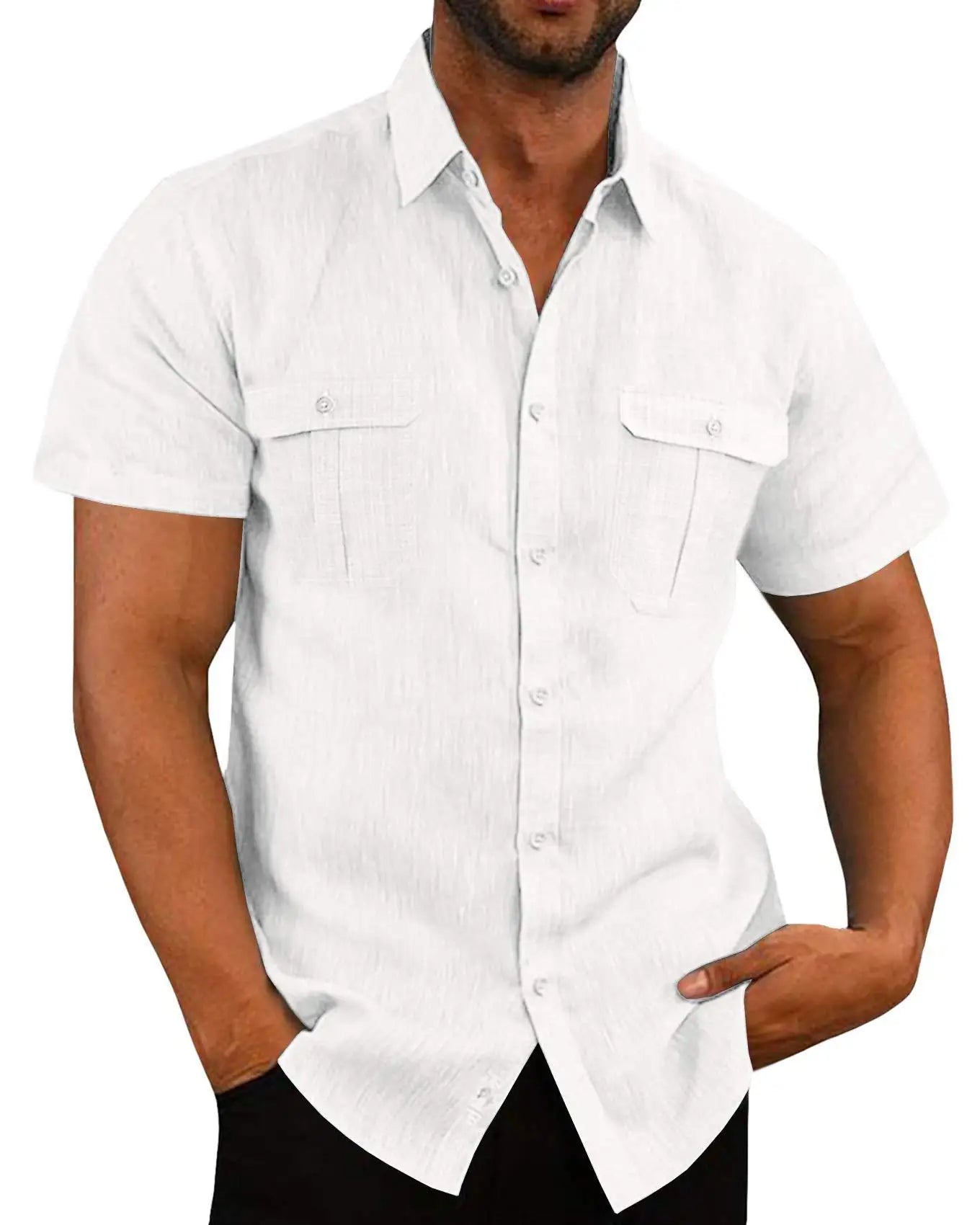 Momount Men Linen Shirt – Short Sleeve Double Chest Pocket Utility Casual