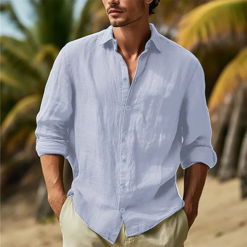 Momount Men Linen Shirt – Long Sleeve Button Up Relaxed Fit Beach
