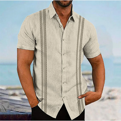 Momount Men Guayabera Linen Shirt – Long Sleeve Embroidered Panels Beach