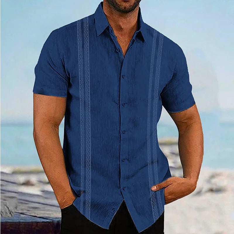 Momount Men Guayabera Linen Shirt – Long Sleeve Embroidered Panels Beach