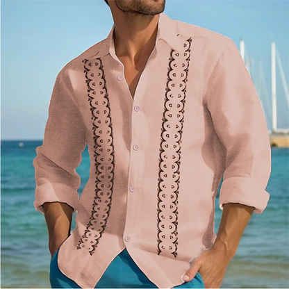 Momount Men Guayabera Linen Shirt – Long Sleeve Embroidered Panels Beach