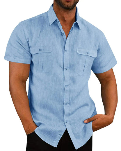 Momount Men Linen Shirt – Short Sleeve Double Chest Pocket Utility Casual