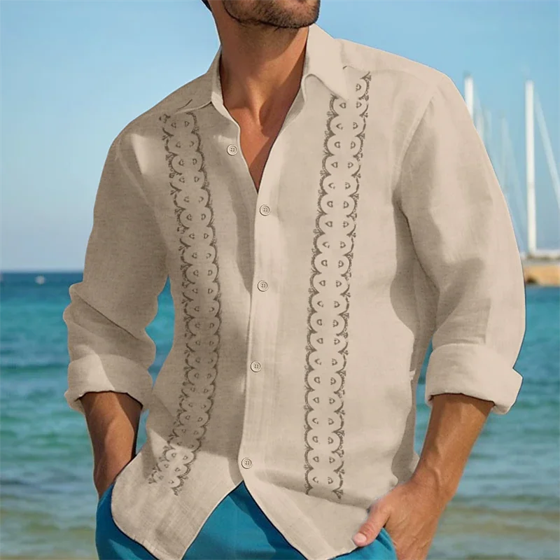 Momount Men Guayabera Linen Shirt – Long Sleeve Embroidered Panels Beach