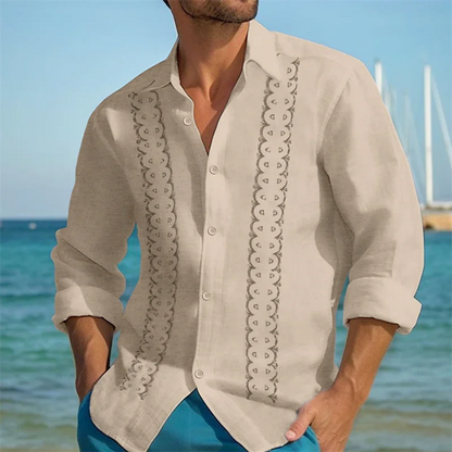 Momount Men Guayabera Linen Shirt – Long Sleeve Embroidered Panels Beach