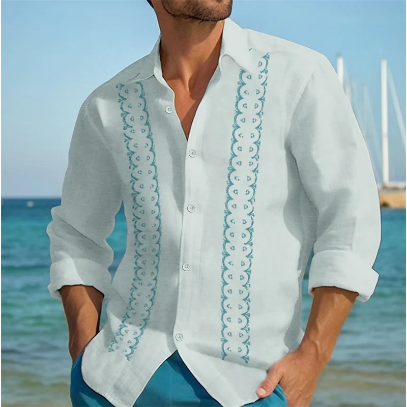 Momount Men Guayabera Linen Shirt – Long Sleeve Embroidered Panels Beach