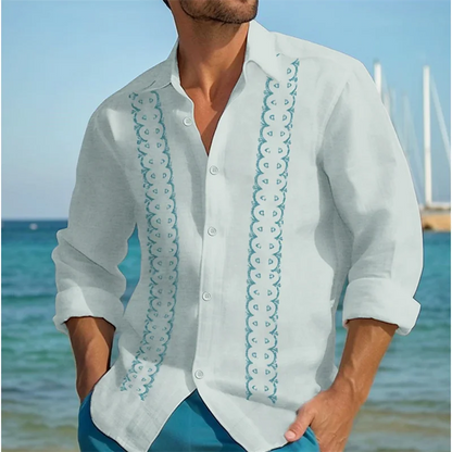Momount Men Guayabera Linen Shirt – Long Sleeve Embroidered Panels Beach