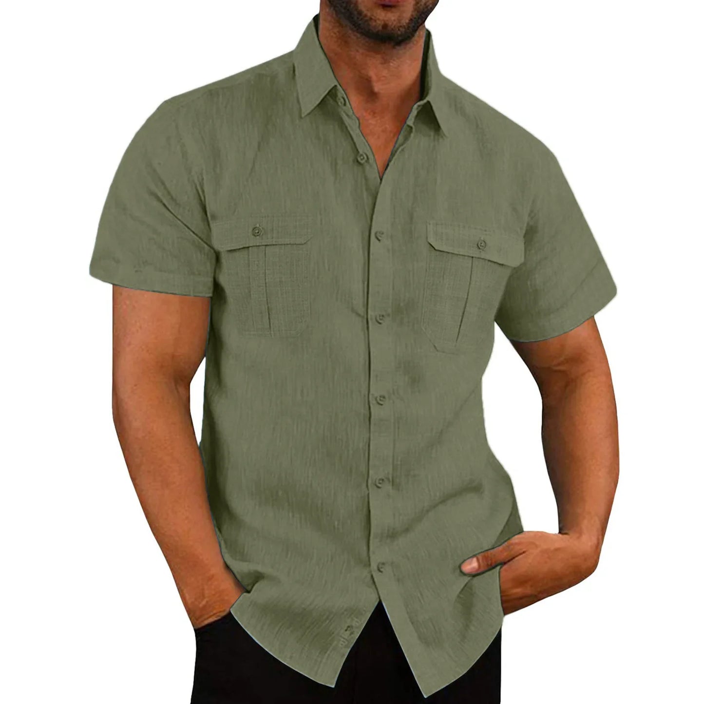 Momount Men Linen Shirt – Short Sleeve Double Chest Pocket Utility Casual