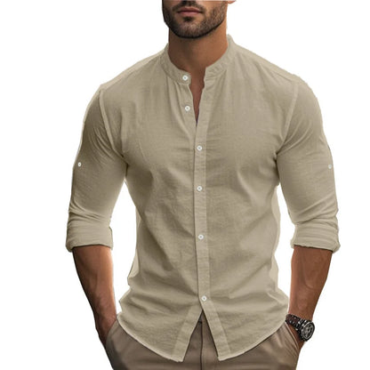 Momount Men Linen Shirt – Long Sleeve Slim Fit Band Collar Classic