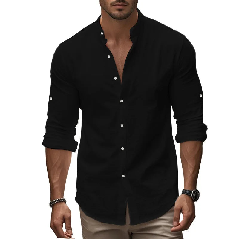 Momount Men Linen Shirt – Long Sleeve Slim Fit Band Collar Classic