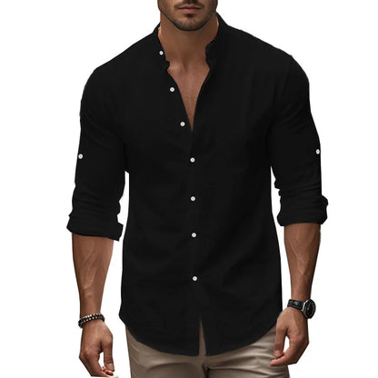 Momount Men Linen Shirt – Long Sleeve Slim Fit Band Collar Classic