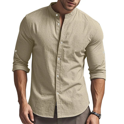 Momount Men Linen Shirt – Long Sleeve Slim Fit Band Collar Classic