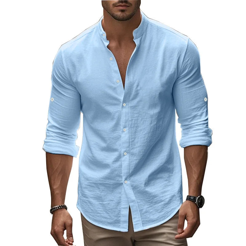Momount Men Linen Shirt – Long Sleeve Slim Fit Band Collar Classic