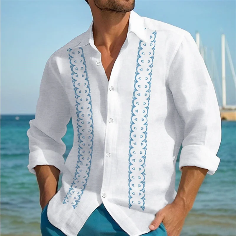 Momount Men Guayabera Linen Shirt – Long Sleeve Embroidered Panels Beach