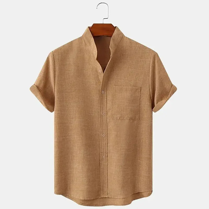 Momount Men Linen Shirt – Short Sleeve Band Collar Chest Pocket Summer