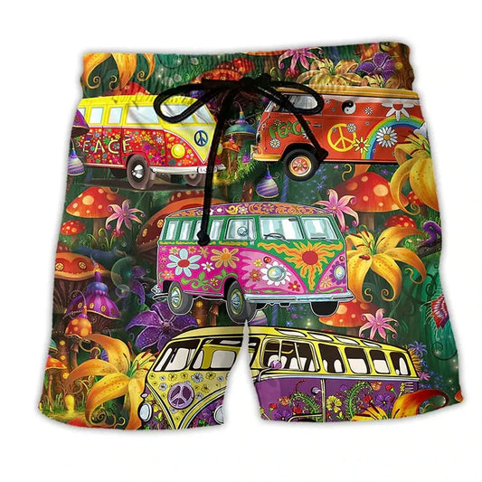 Momount Men Swim Shorts – Hippie Van Graphic Print Drawstring Summer