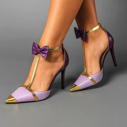 Momount Damen Stiletto-Pumps mit T-Riemen – Schleife, spitze Kappe, Knöchelriemen