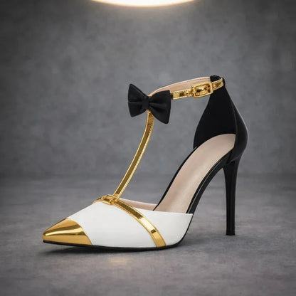 Momount Damen Stiletto-Pumps mit T-Riemen – Schleife, spitze Kappe, Knöchelriemen