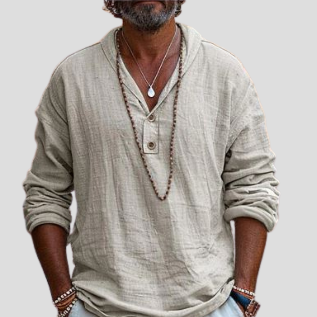 Momount Men Linen Henley Shirt – Long Sleeve Band Collar Refined Casual